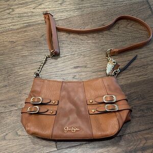 Jessica Simpson Brown Leather Crossbody Bag with Buckle Accents